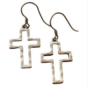 Open Cross Hammered Silver Tone Pierced Dangle Earrings